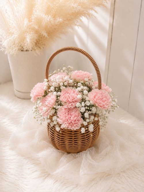 Emily – Carnation with Baby’s Breath Basket